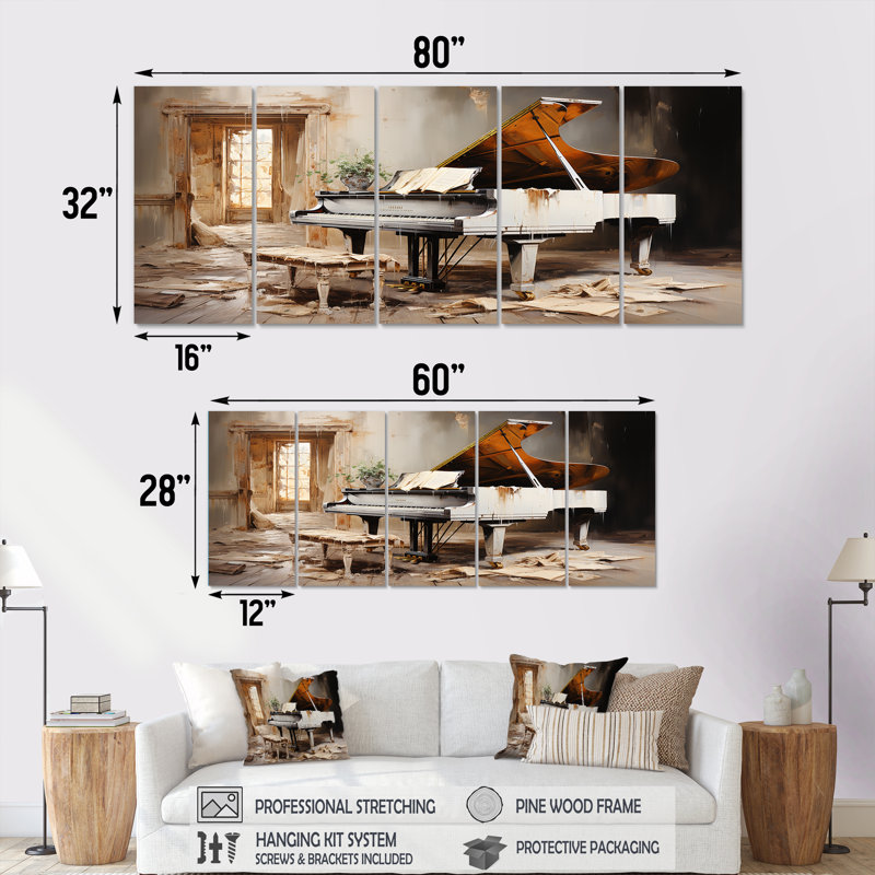 Rustic Grand Piano Melody - Music Piano, art mural 5 pièces, H 28 po x l 60 po