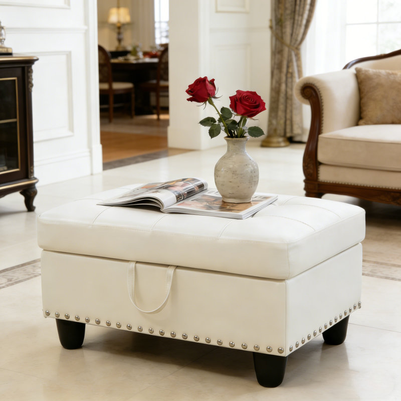 Yinn Upholstered Standard Storage Ottomans with Nails, Yinn White Faux Leather