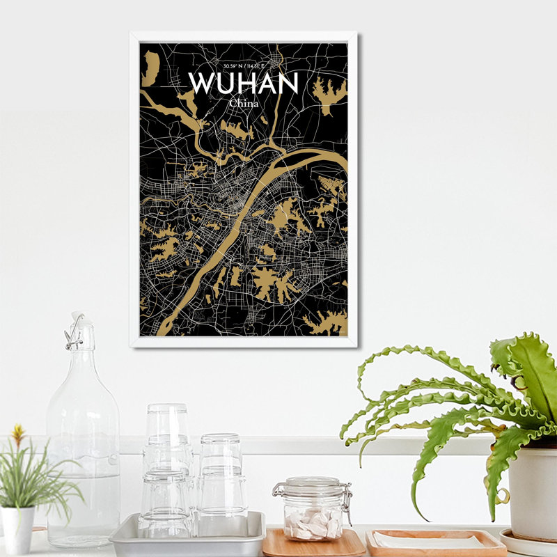 Carte de la ville de Whan, impression, Noir et or, H 27,6 po x l 19,7 po