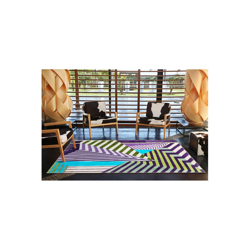 Tapis décoratif moderne à motif géométrique mauve à rayures géométriques, Square 3'3" Rug Pad Included