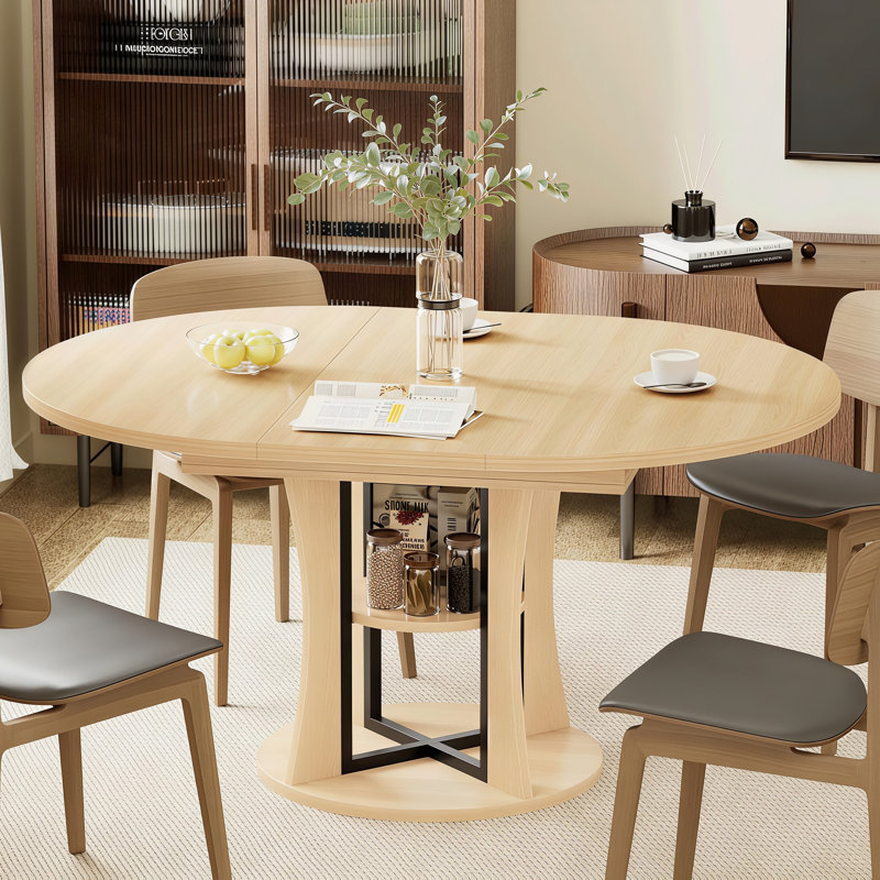 44‘’ Extendable Dining Table for 4-8 People, Round Dining Table with Scratch-Resistant MDF, Modern Kitchen Table with Noiseless Sliding & Storage, Dining Room Table, Natural
