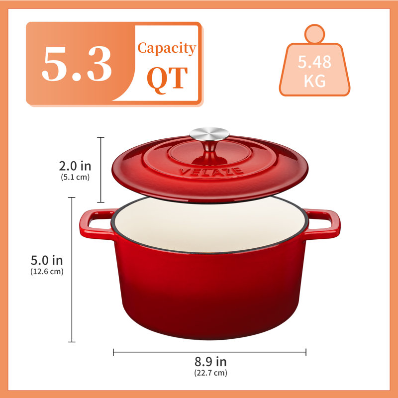 Red 6 QT Enameled Cast Iron Non-stick Dutch Oven with Lid