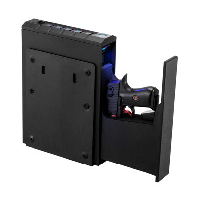 Slider Handgun Safe With 3 - Way Quick Access Via Fingerprint Password Key, Lighting For 1 & Magazine, Mounted Nightstand Desk Car Bedside, Black Q235 Metal, 16.82in Depth, 11.94in Width, 5.64in