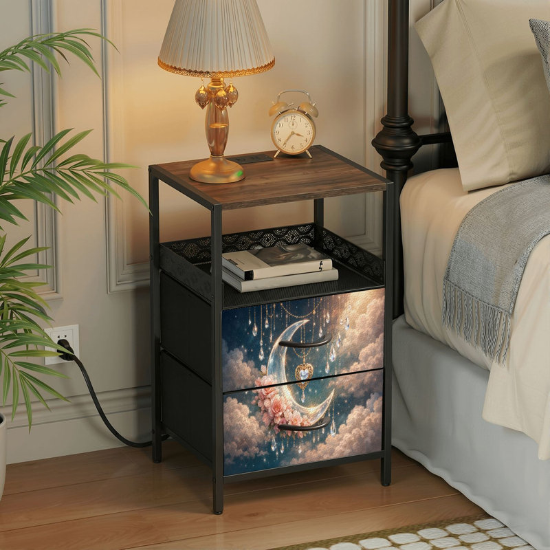 Table de chevet 2 tiroirs avec station de charge, table de chevet de chambre à coucher avec ports USB et prises USB