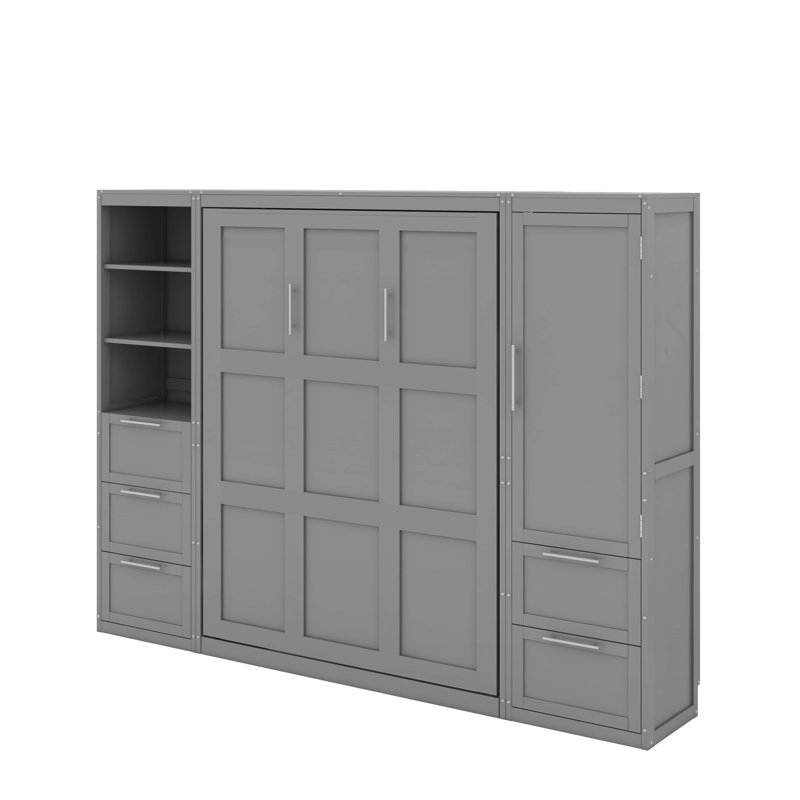Grand lit escamotable avec tiroirs et tablettes, Gris