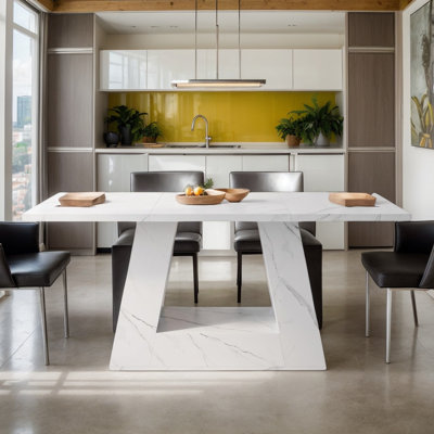 White Faux Marble Dining Table, Modern Kitchen Table with Sturdy Base for 4-6 People