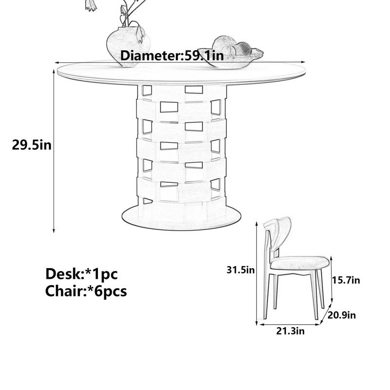 Castro, 7 pièces : table, 6 chaises, H 29,5 po x L 59,1 po x l 59,1 po
