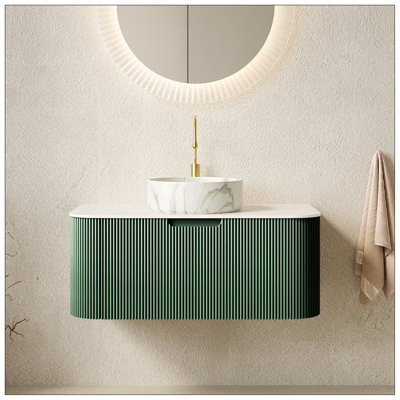 Meuble-lavabo 30 po, armoire de salle de bain en contreplaqué rayé à bords arrondis avec tiroir, lavabo rond en céramique noir mat et plateau en pierre frittée, pré-assemblé, couleur vert foncé