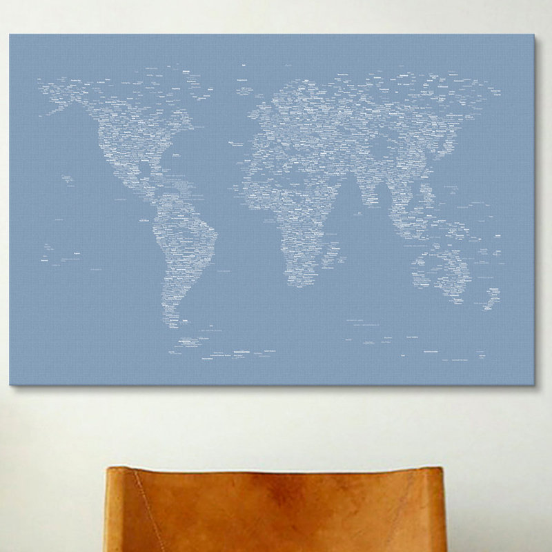 «Font World Map» par Michael Tompsett, impression sur toile tendue en bleu clair, H 8 po x l 12 po x P 0,75 po, Toile tendue