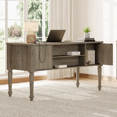 2 Piece Office Set Includes Executive Desk & Tall Side Table, Farmhouse Writing Desk with Charging Station, Wood End Table with Storage Cabinet for Study, Gray