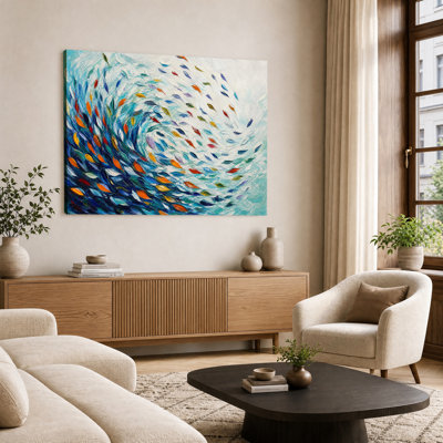 Print Canvas Wall Art, Abstract Swarm of Colorful Fish Thick Textured Teal Ocean Modern Coastal Living Room Bedroom Wall Decor