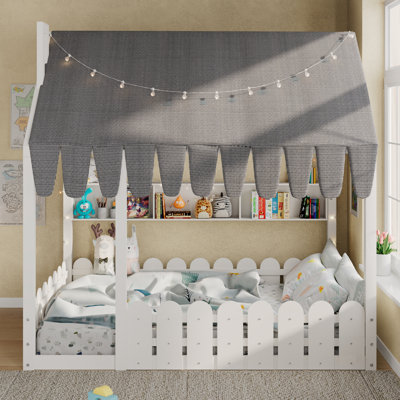 Lit pour enfants Montessori avec rampes de clôture, tente, lumières et 3 tablettes de rangement, idéal pour un sommeil sécuritaire et amusant