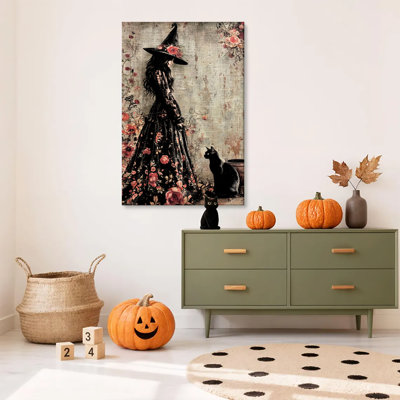 1 pièce, impression encadrée sur toile, affiche rétro, gothique floral, chat noir, sorcière foncée, art, affiche sur toile, peinture pour salon, chambre, bureau, salle de bain, dortoir, prêt à accrocher