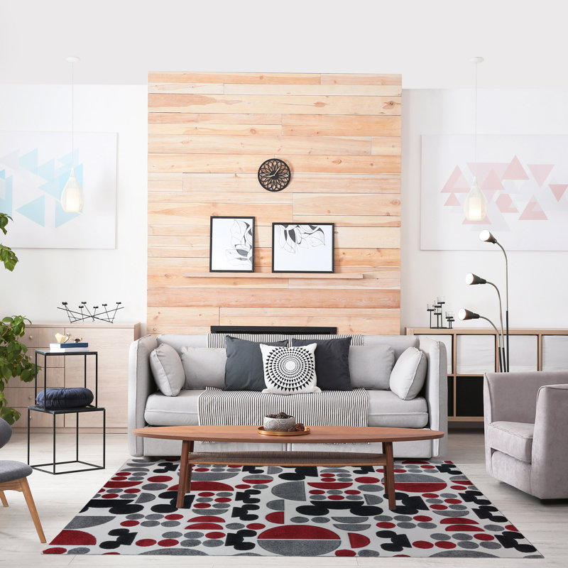 Red and Black Geometric Synthetic Kids' Rug, 5' x 7'
