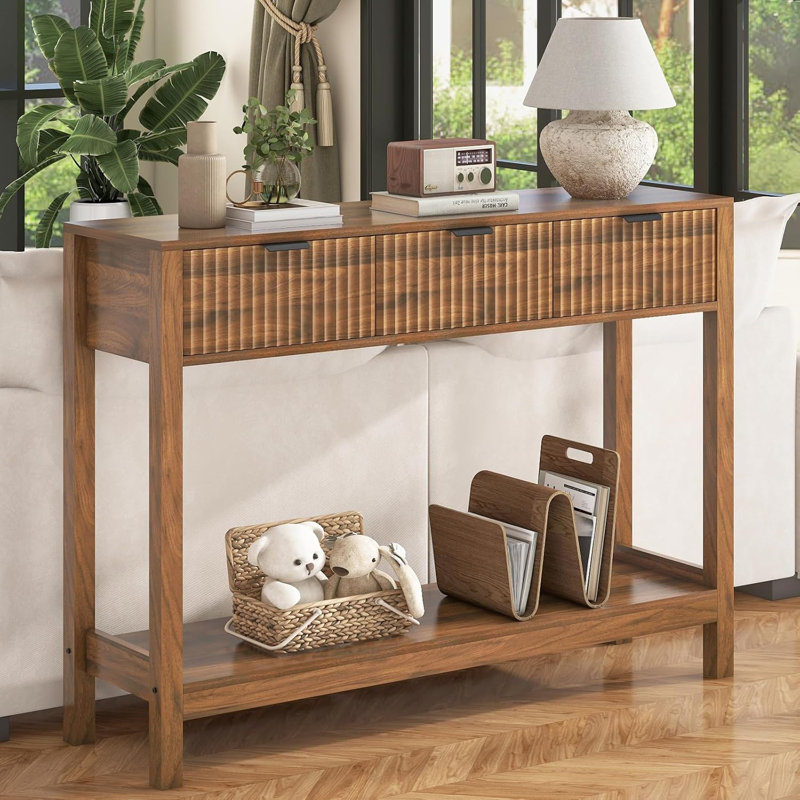 Wooden Fluted Console Table Sofa Table Brown, Brown