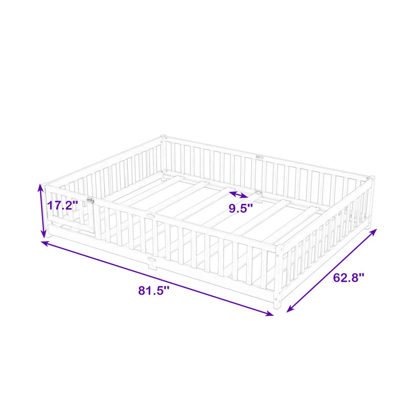 Queen Size Wood Floor Bed With Fence Door And Sturdy Slats, White