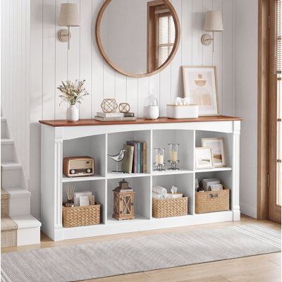 8-Cube Storage Organizer, Two-Tone Wood 2-Tier Cube Bookcase with Decorative Moldings, Horizontal Open Cubby Display Shelf Unit, Low Bookshelf Console Table for Living Room, Bedroom, Office