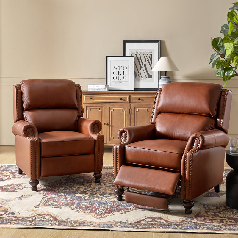 Fauteuil inclinable en cuir véritable Anre avec garniture cloutée, Cuir fleur brun
