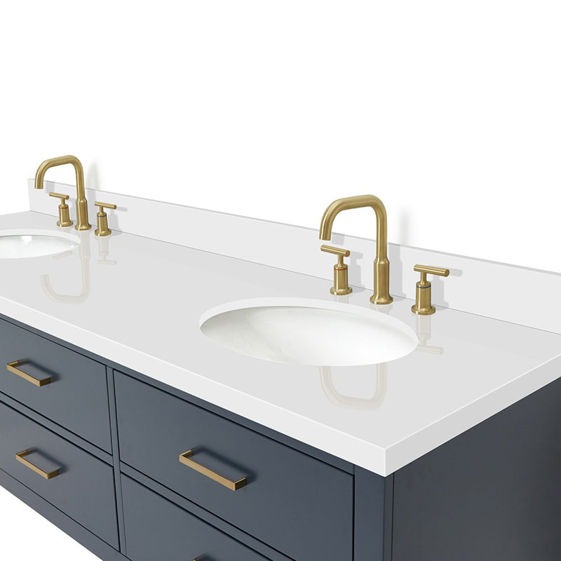73'' W Double Vanity, Midnight Blue, Satin Brass, Italian Carrara Marble