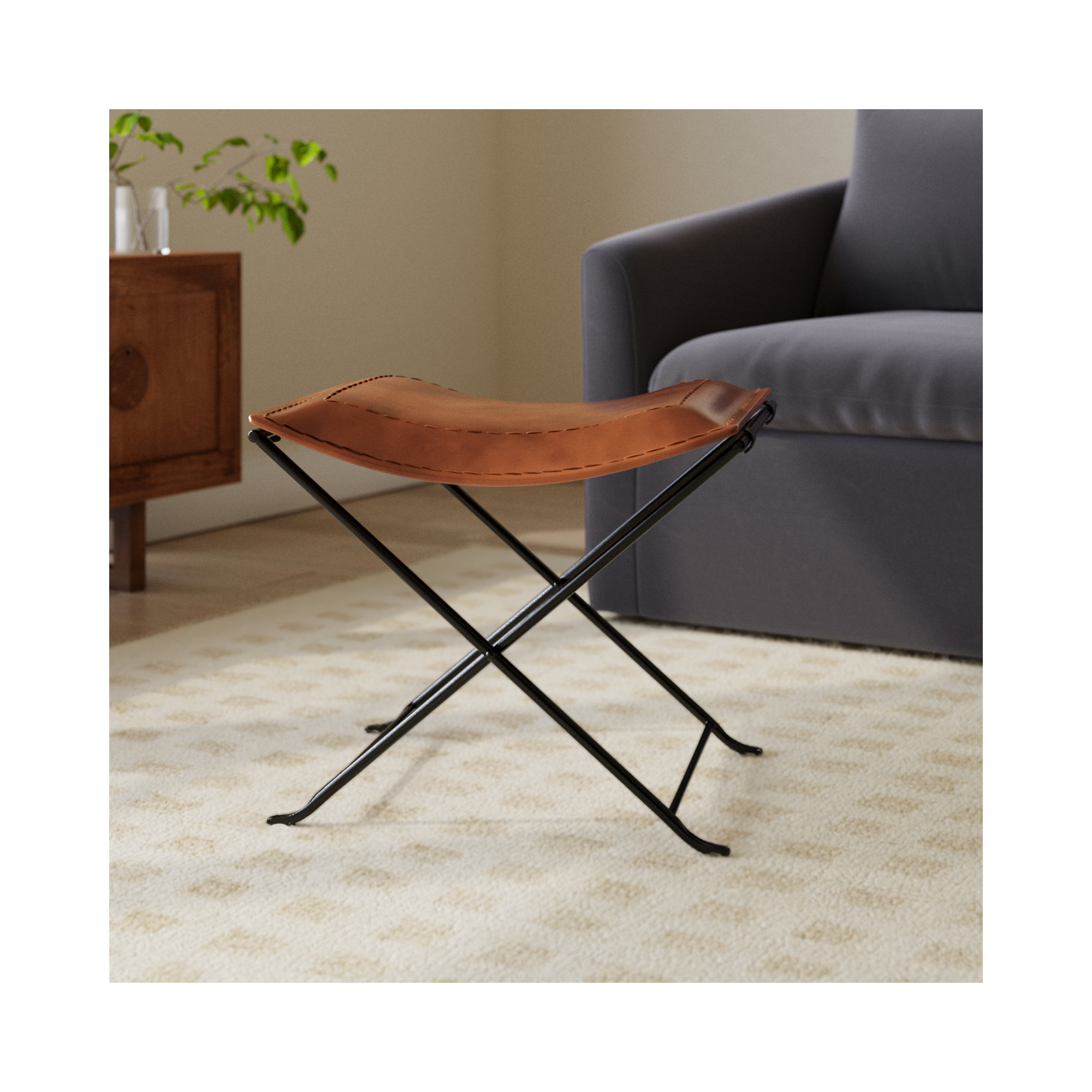 Sanford Accent Stool, Brown Genuine Leather