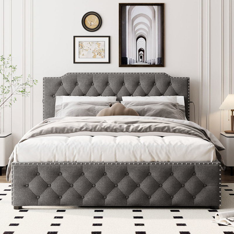 Grand lit plateforme tapissier avec lit gigogne simple et chargeurs, options de chargement en lin gris