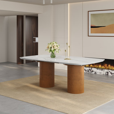 Table de salle à manger rectangulaire extensible de 63 à 94,5 po, plateau en pierre et base en bois massif, table de salle à manger moderne pour 6 à 10 personnes