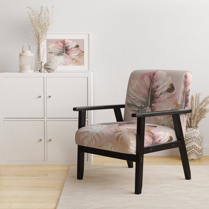 Moorton - Chaise d'appoint rembourrée et fauteuil tropical, Rose / velours doré, Accoudoirs carrés noirs