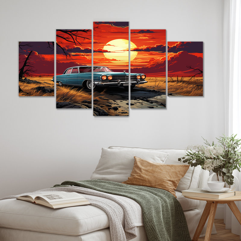 Orange et rose, voiture américaine classique sur la plage II - art mural américain multi-panneaux