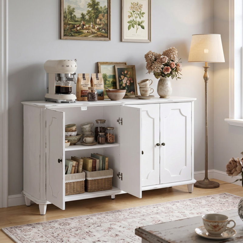 Buffet 63 "à 4 portes Farmhouse, armoire de rangement avec tablettes réglables et pieds tournés classiques, White