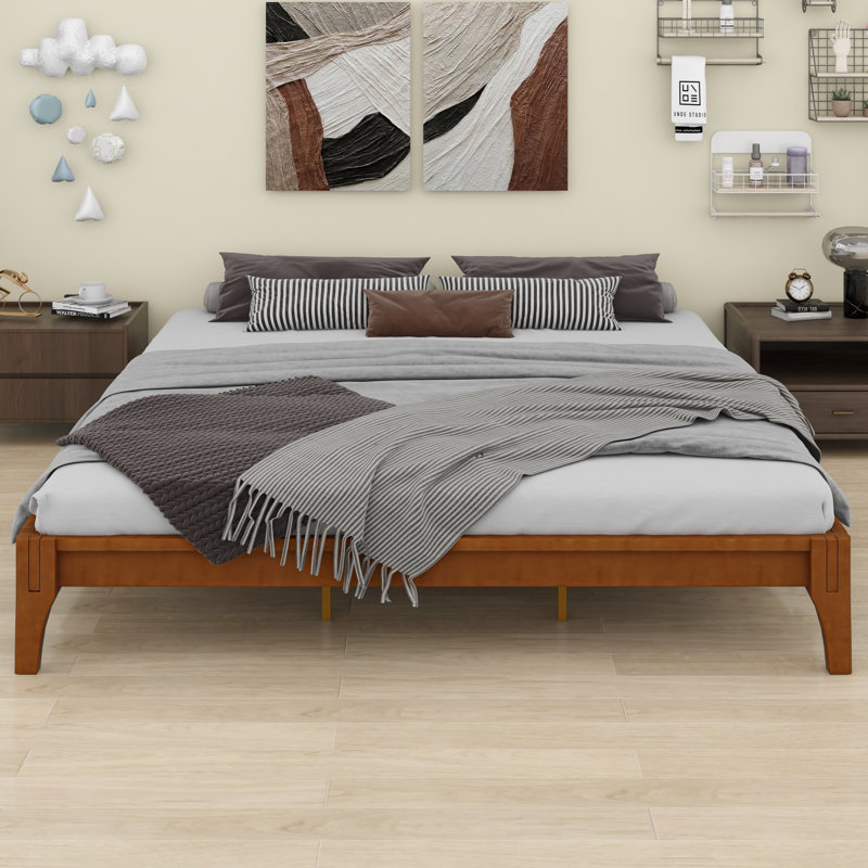 Base de lit plateforme en bois de bambou sec massif avec support en lattes de bois, Brun