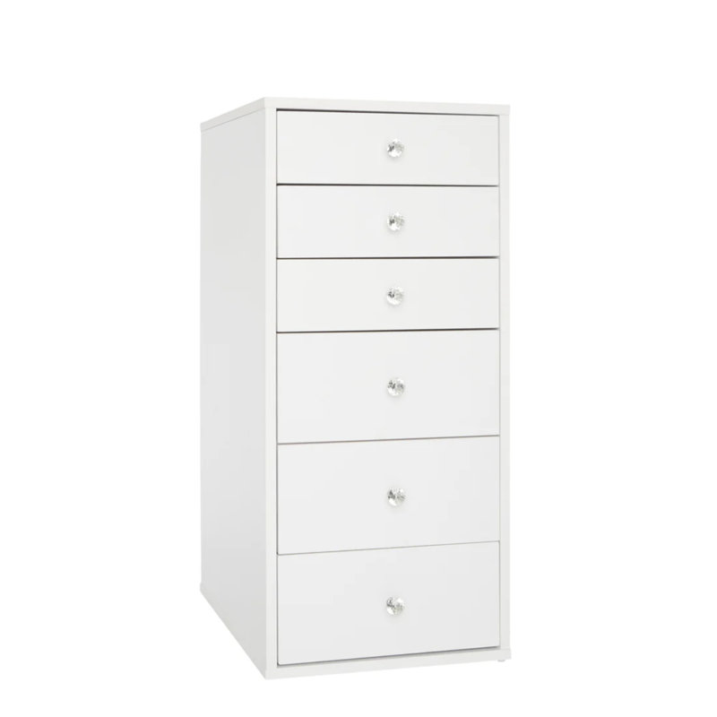SlayStation 6 Drawer Makeup Vanity Storage Unit with Crystal lux drawer knobs for Modern Home Decor, White