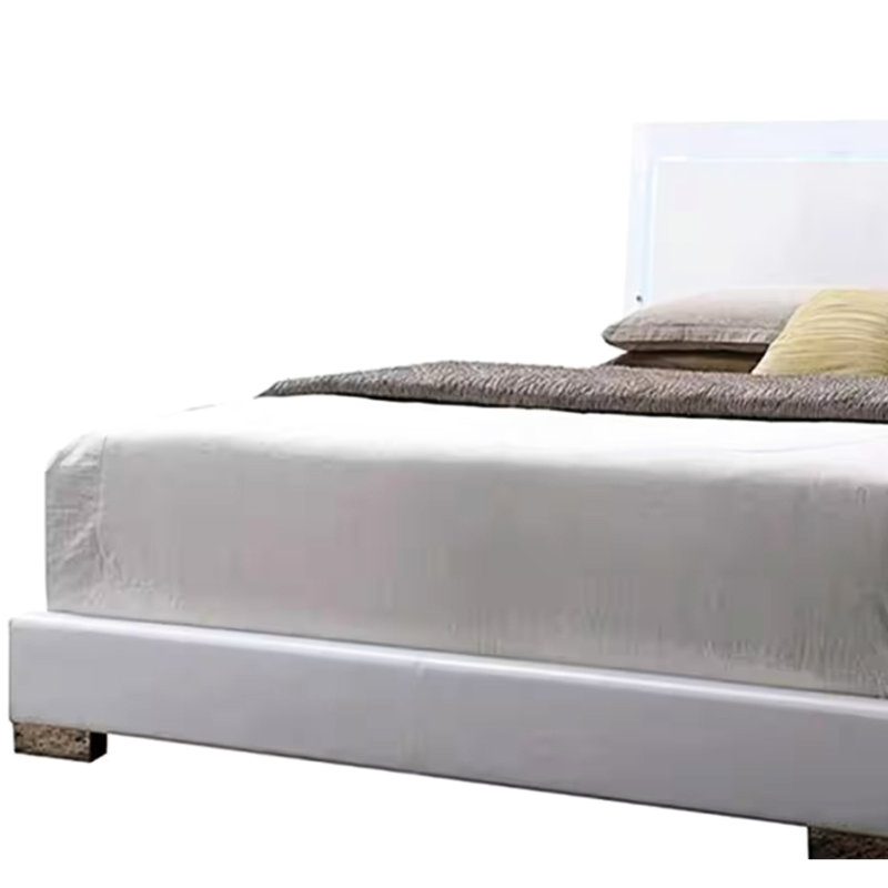 Led - Powered Queen Bed, White Faux Leather Construction, Coated Straight Legs, High Gloss Back Panel On Headboard, Padded Rails And Low Profile Fb, 3 Slats Support 660Lbs Weight Support, 64.51In Bed