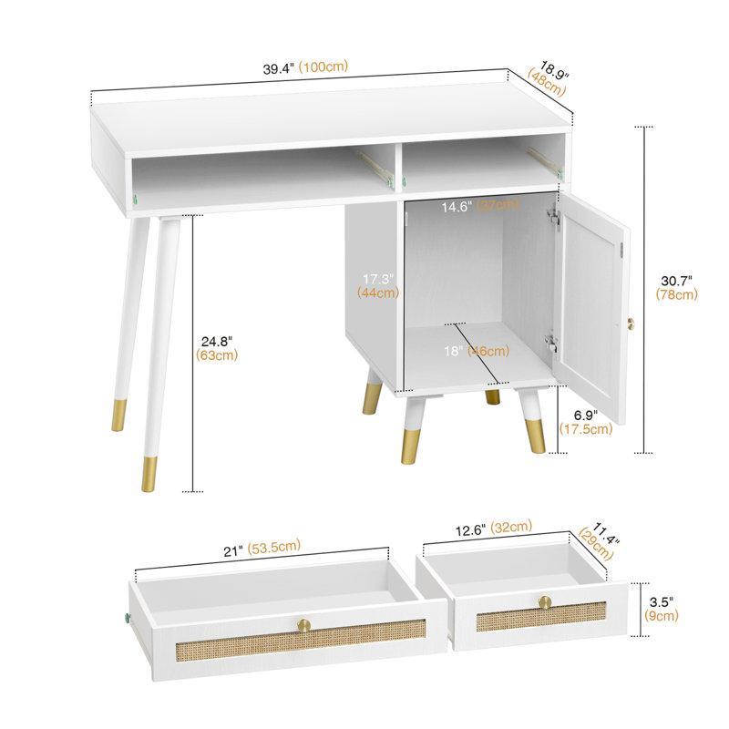 Chare 39.4'' White Rattan Writing Desk With Drawer Cabinet Laptop Computer Work Study Table