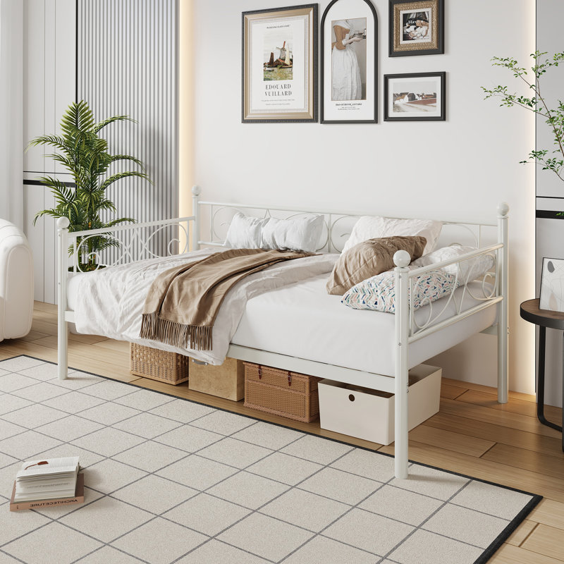 Twin Metal Daybed Frame with Decorative Headboard, Single Sofa Bed with Slat Support, No Box Spring Needed, White