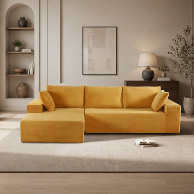 Canapé d'angle convertible CozyForm en velours côtelé doux, canapé moderne et confortable avec rembourrage en mousse intégrale, couchage douillet pour salon et chambre, aucun assemblage requis, jaune gingembre - angle gauche