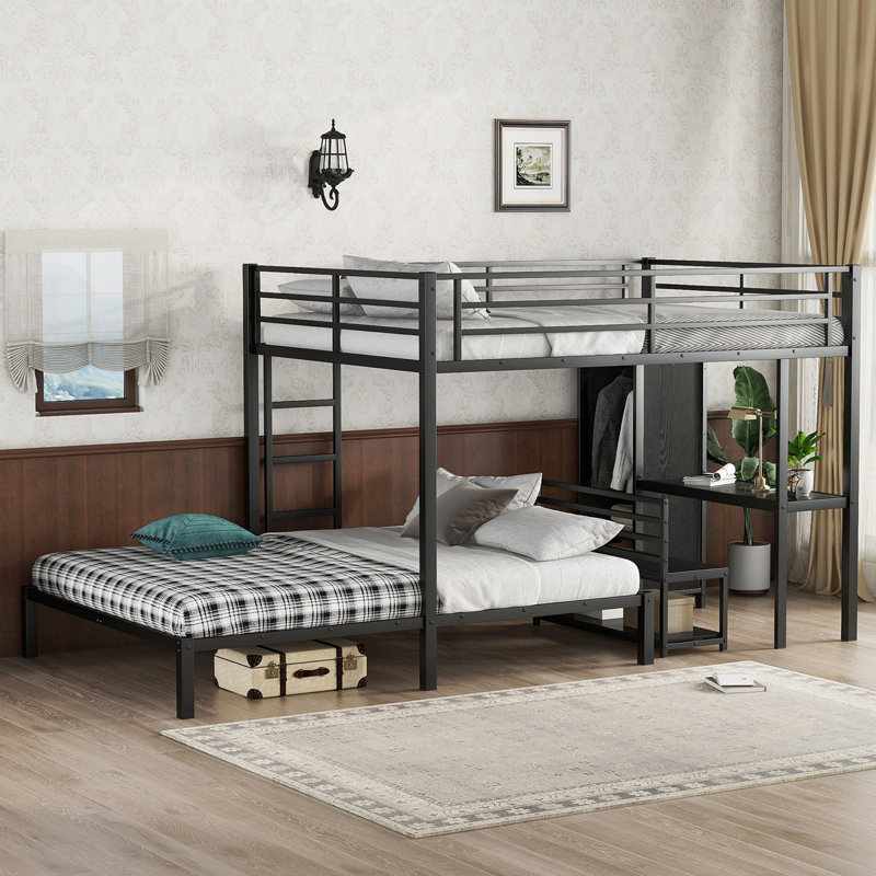 Structure de lit superposé avec garde-robe intégrée, lit superposé en métal avec bureau et chaises de rangement