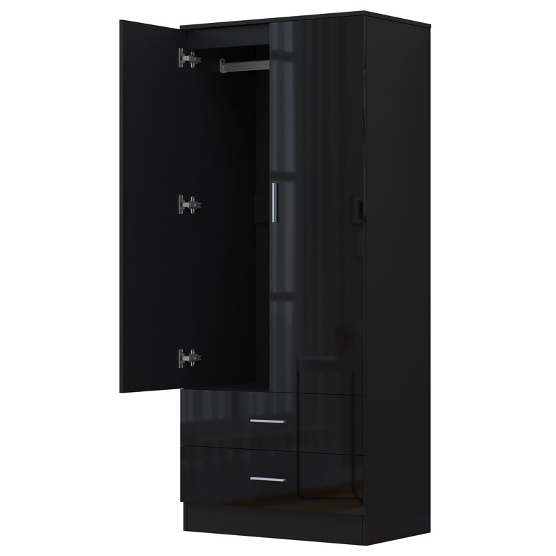 Eva High Gloss 2 Door + 2 Drawer Wardrobe - H: 180cm x D: 47cm x W: 76cm, Black Oak/Gloss Black