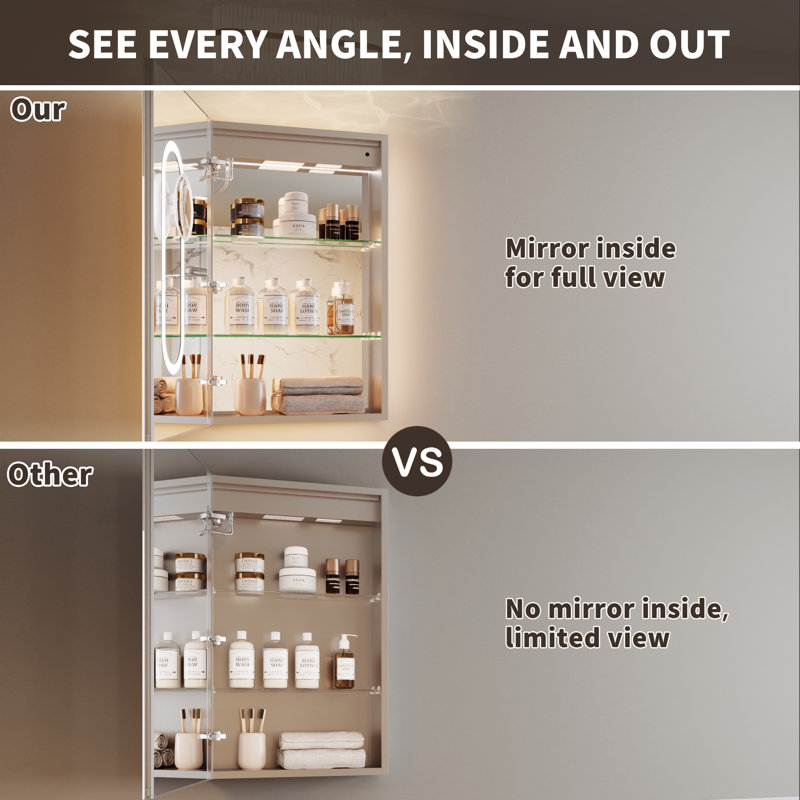 20'' W 32'' H LED Recessed or Surface Frameless Medicine Cabinet with Mirror and Defogger, Magnifying Mirror, Adjustable Shelves, USB & Outlet