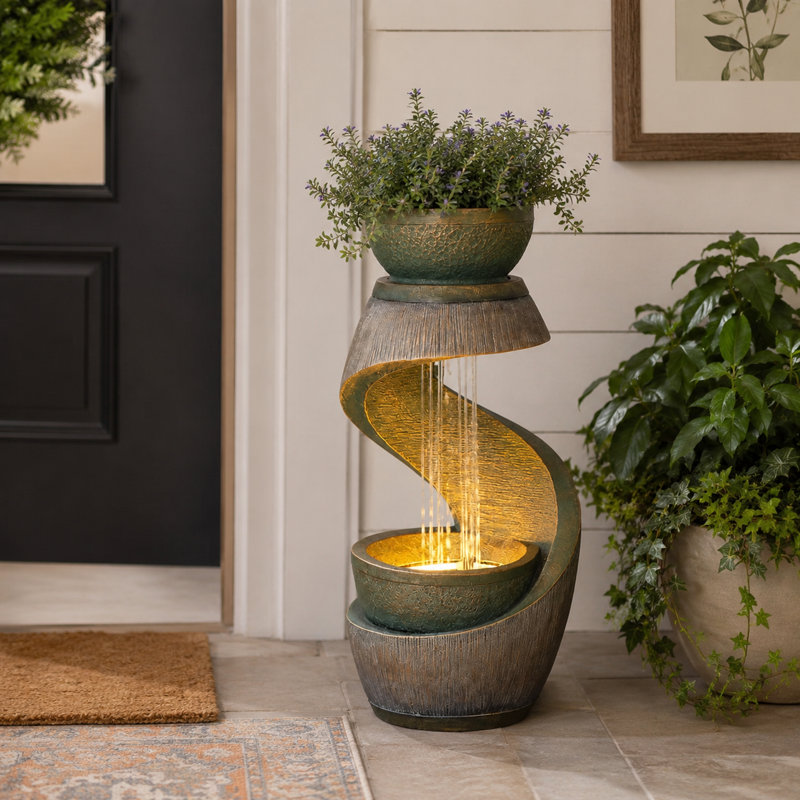 Fontaine de sol d'extérieur fabriquée à la main résistante aux intempéries avec lumière, Gold