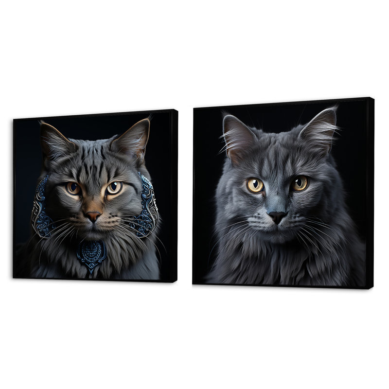 Portrait de chat Chartreux - ensemble de 2 animaux carrés, Cadre flottant noir, H 16 po x l 33 po