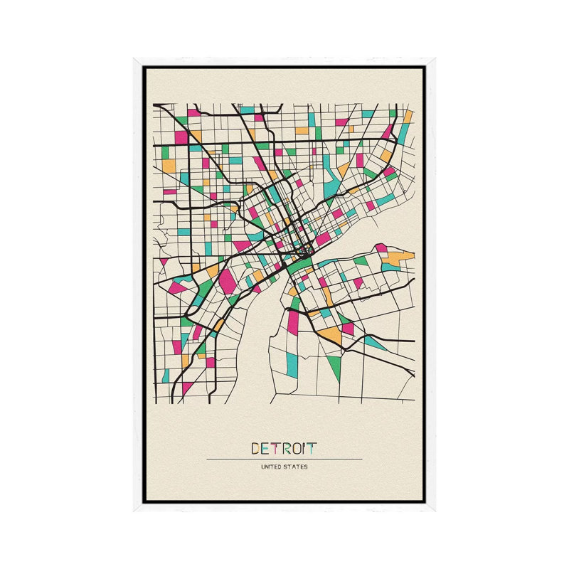 Detroit, Michigan Map 1 Piece Wall Art on Canvas, 66.04cm H x 45.72cm W x 3.81cm D, White Framed