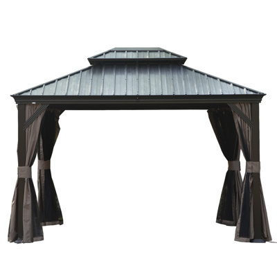 10' X 12' Hardtop Gazebo, Upgraded Metal Gazebo with Drainage System, Dual-Layer Galvanized Steel Roof, Curtain and Netting, Outdoor Shelter Canopy for Patio, Garden, and Backyard, Brown