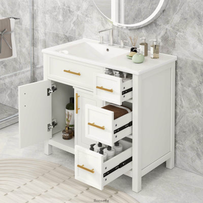 Meuble-lavabo autoportant 36 po avec comptoir d'évier, armoire en bois massif et panneau de fibres à densité moyenne avec 2 portes et 3 tiroirs, tablette ouverte, blanc-vert