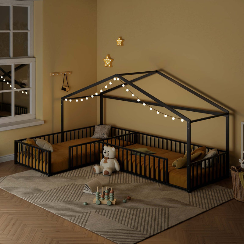 Double lit simple en L Montessori, structure de lit d'angle en métal avec clôture, lit de plancher de style maison, sans lattes