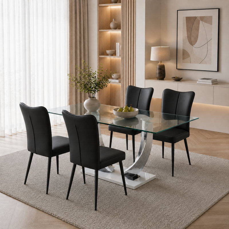 Faux Leather Upholstered Metal Dining Chair , Black, Black