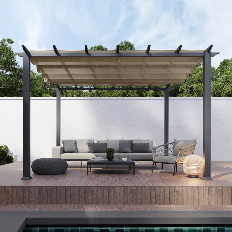 Florence  Aluminum Pergola in Gray Powder-Coated Finish with Adjustable Canopy, Sand, 11 ft. W x 11 ft. D