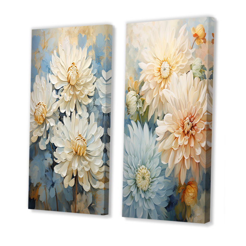 «Blooming White Mums» sur fond bleu - Ensemble de 2 reproductions d'art mural «Mums», Toile tendue, H 28 po x l 25 po