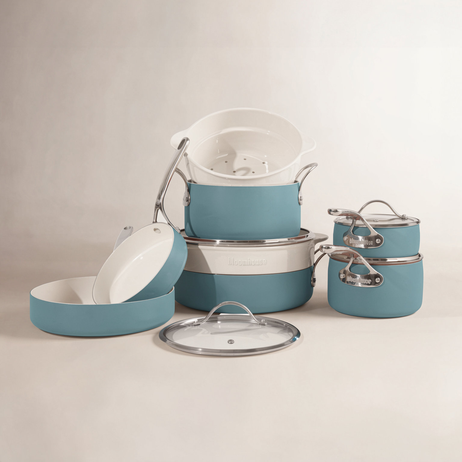 12-Piece Non-Stick Aluminum Cookware Set, Agave Blue