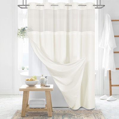Waffle Instant Install Hook Shower Curtain with Snap-in Liner and Mesh Top Window, Modern Simple Elegant Fabric Shower Curtain Set for Bathroom