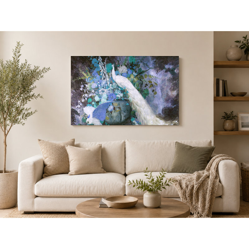 Paons blancs et fleurs - art mural sur toile paysage, 18" W x 12" H